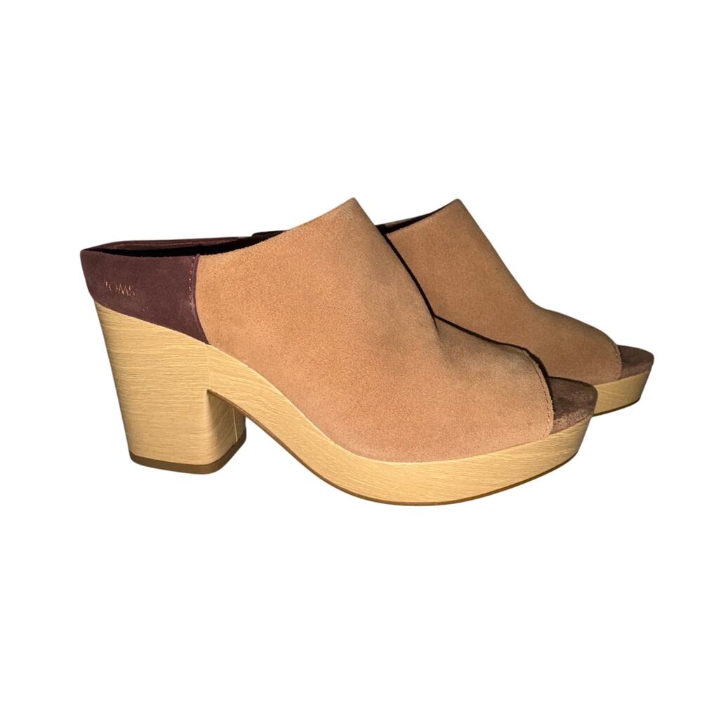 Toms Sz 8 Florence Platform Mule Sandals Chunky Wooden Platform Heel Suede Brown
